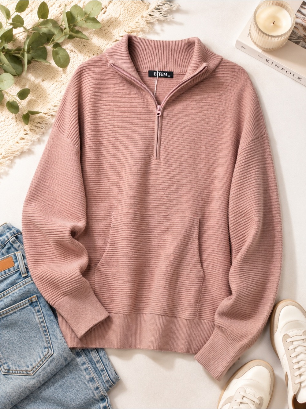 Ribbed Half-Zip Sweater in Dusty Rose